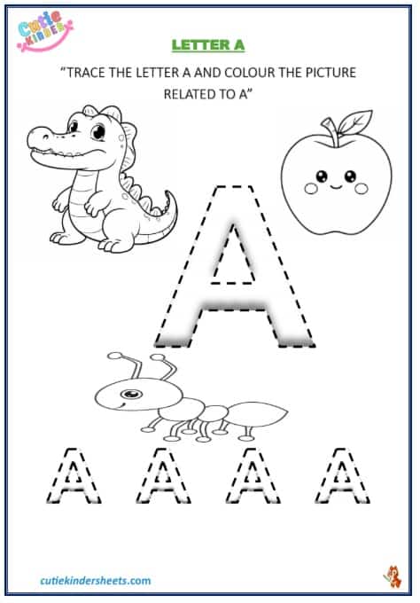 Capital Alphabet A Tracing Coloring Kids Worksheet