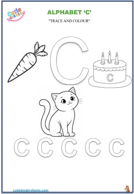 Capital Letter C Colouring Tracing Kids Worksheet