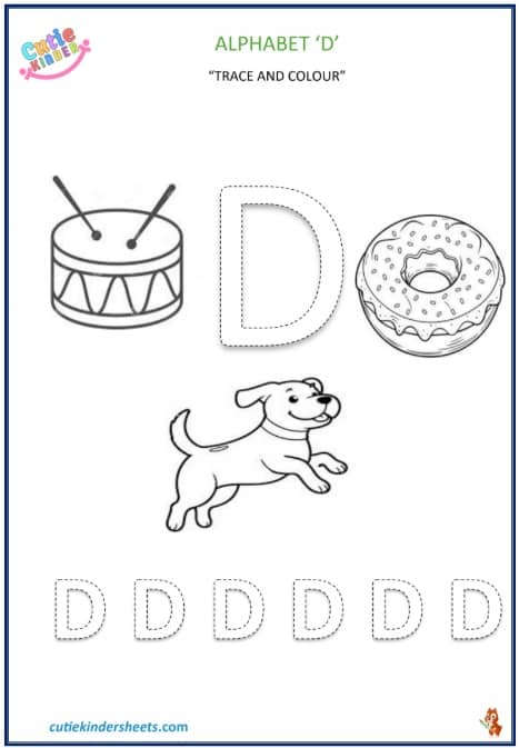 Capital Letter D Colouring Tracing Kids Worksheet