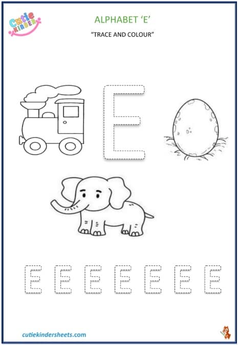Capital Letter E Colouring Tracing Kids Worksheet