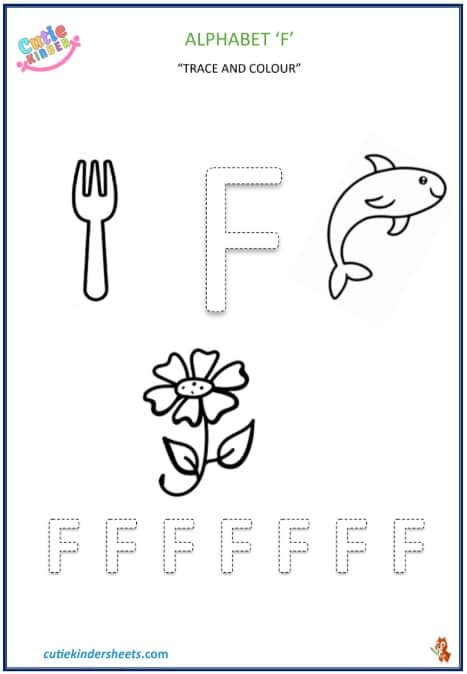 Capital Letter F Colouring Tracing Kids Worksheet