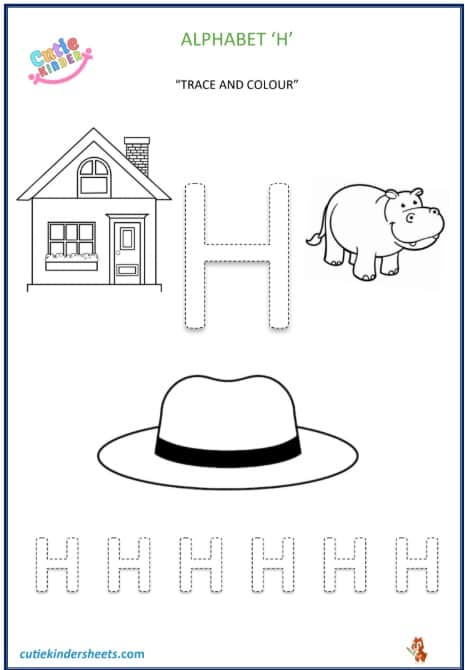 Capital Letter H Colouring Tracing Kids Worksheet