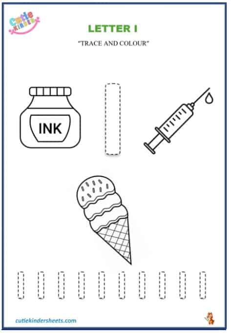 Capital Letter I Colouring Tracing Kids Worksheet