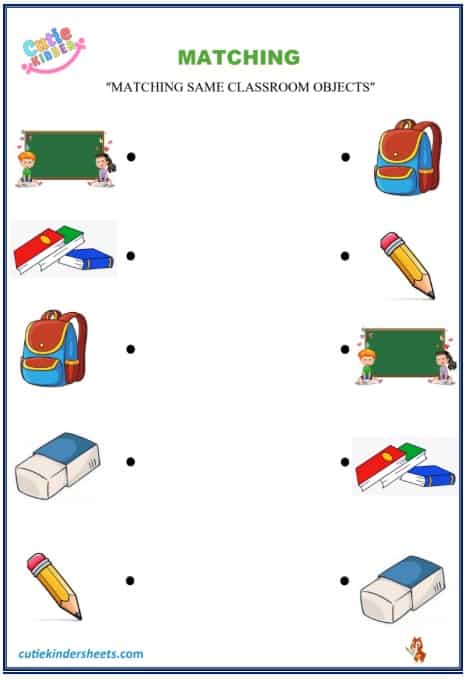 Matching Classroom Objects Kids Worksheet