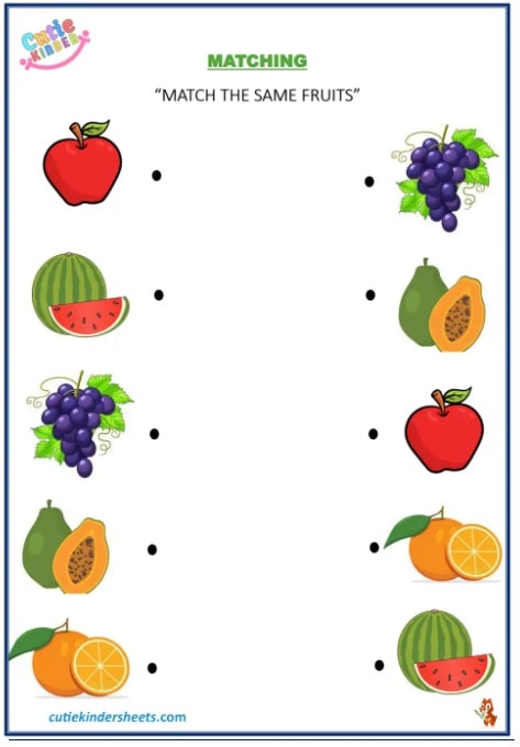 Matching Fruits Kids Worksheet