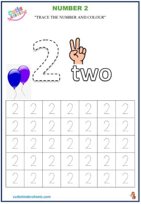 Number 2 Tracing Colouring Kids Worksheet