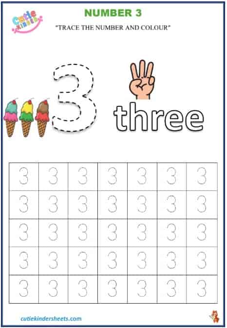 Number 3 Tracing Colouring Kids Worksheet
