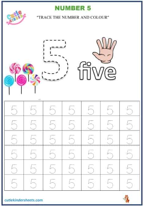 Number 5 Tracing Colouring Kids Worksheet