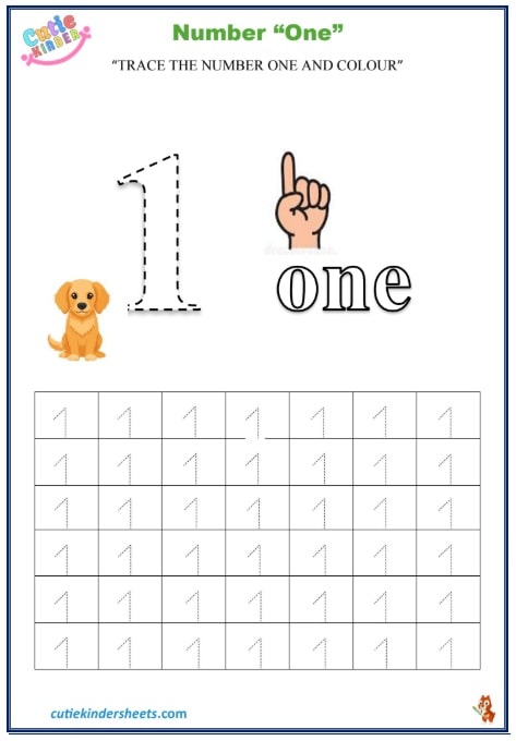 Number One Tracing Colouring Kids Worksheet