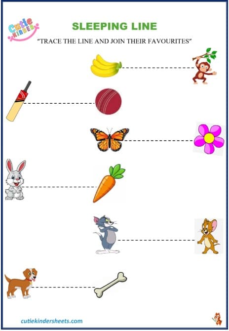 Sleeping Line Tracing Favourites Pictures Kids Worksheet