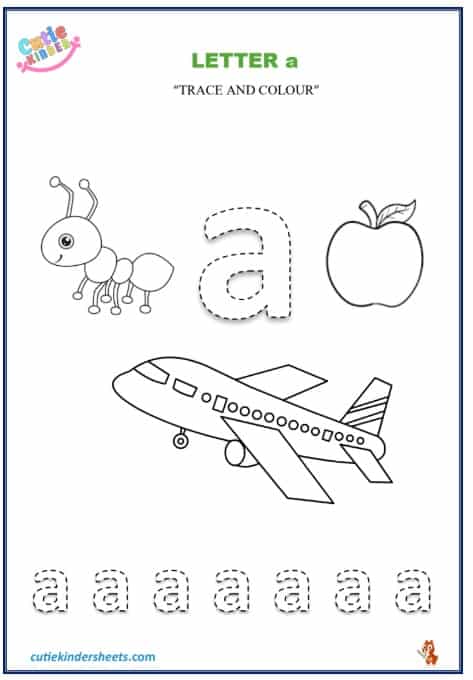 Small Letter a Tracing Colouring Kids Worksheet