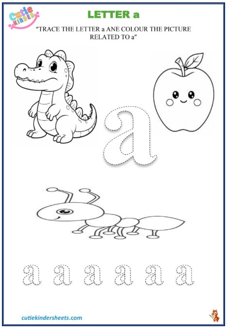 Small Letter a Tracing Colouring Kinder Worksheet