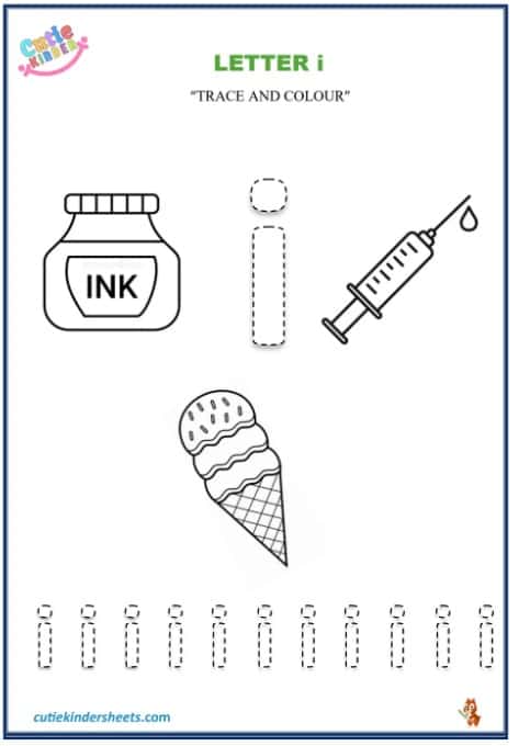 Small Letter i Tracing Colouring Kids Worksheet