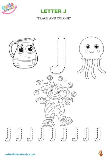 Capital Letter J Colouring Tracing Kids Worksheet