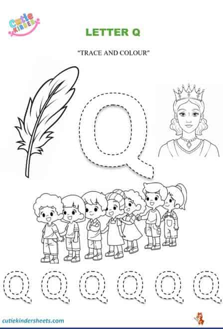 Capital Letter Q Colouring Tracing Kids Worksheet