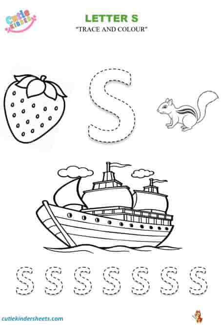 Capital Letter S Tracing Colouring Kids Worksheet