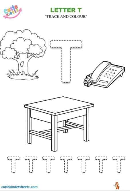 Capital Letter T Tracing Colouring Kids Worksheet