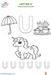 Capital Letter U Tracing Colouring Kids Worksheet