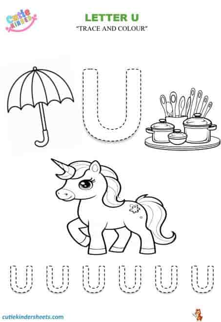 Capital Letter U Tracing Colouring Kids Worksheet