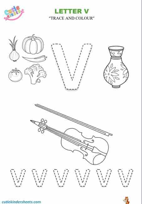 Capital Letter V Tracing Colouring Kids Worksheet