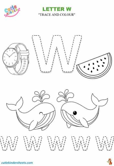 Capital Letter W Tracing Colouring Kids Worksheet