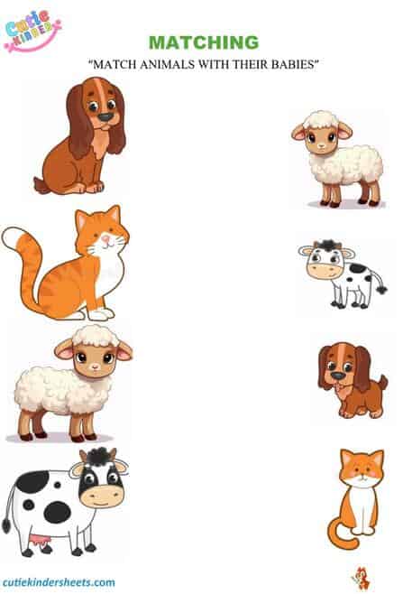 Match Animals With Babies Kids Worksheet