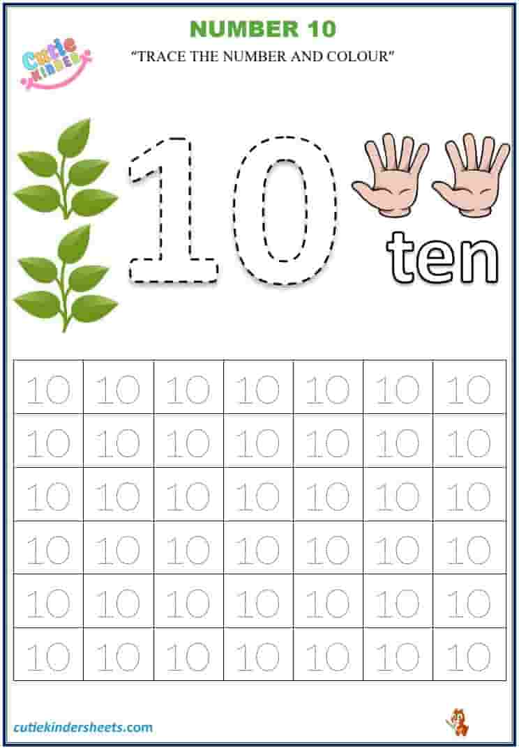 Number 10 Tracing Colouring Kids Worksheet