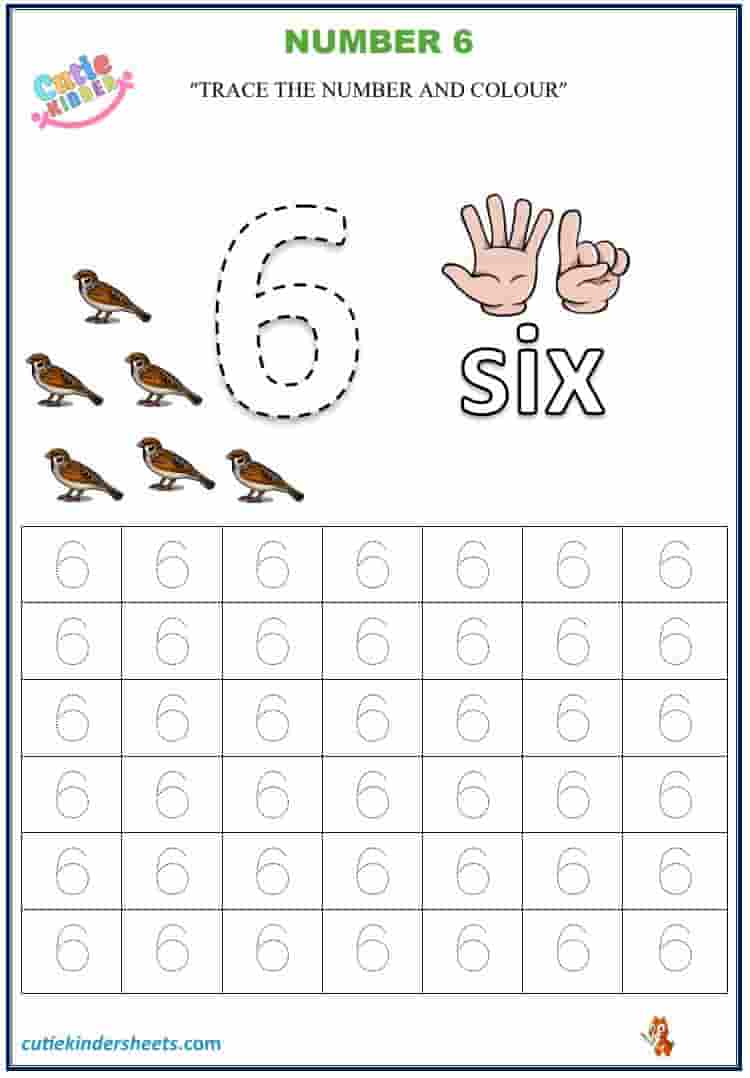 Number 6 Tracing Colouring Kids Worksheet