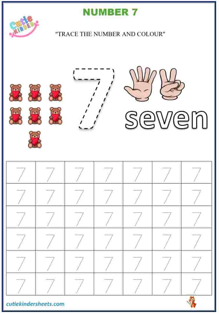 Number 7 Tracing Colouring Kids Worksheet
