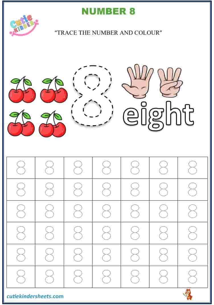 Number 8 Tracing Colouring Kids Worksheet