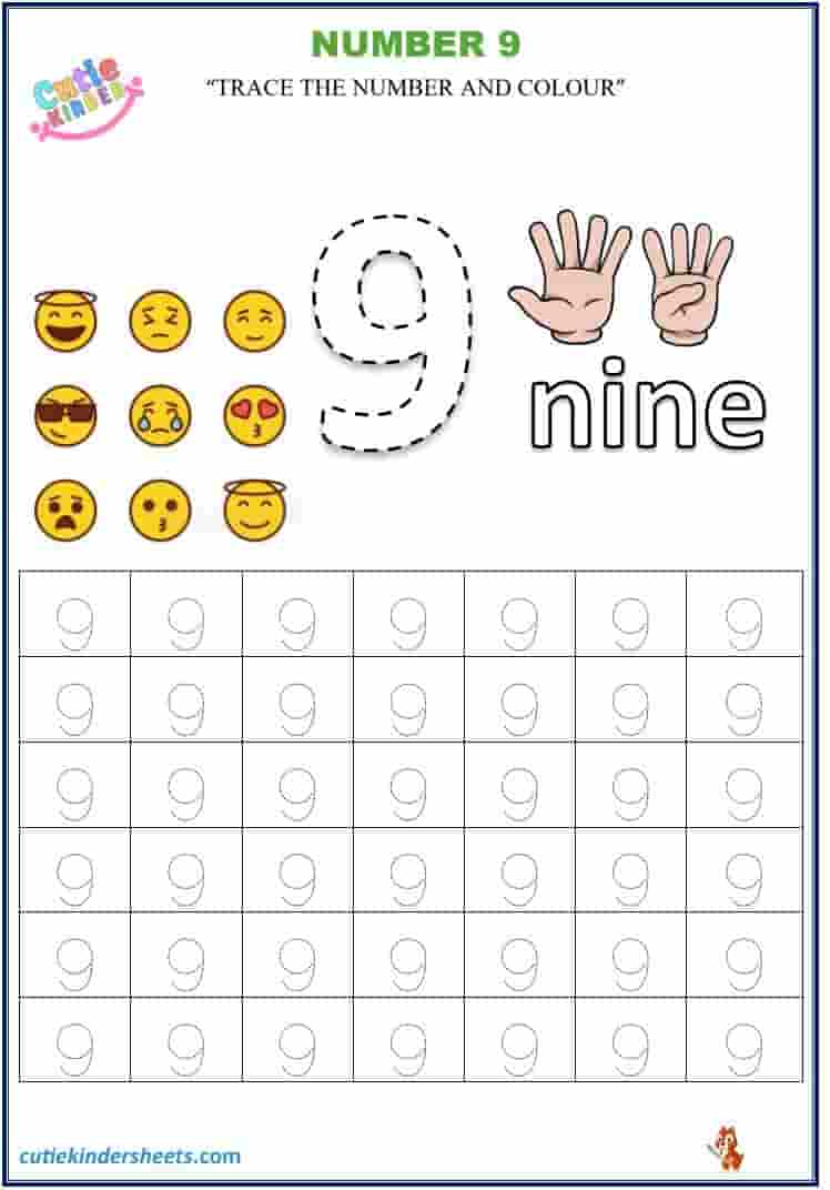 Number 9 Tracing Colouring Kids Worksheet