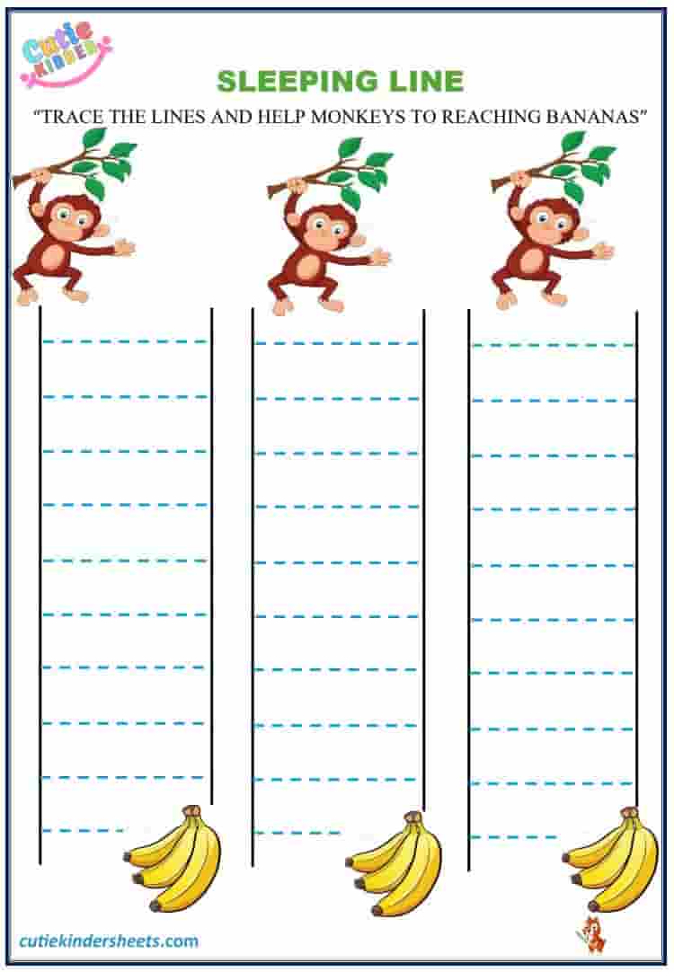 Sleeping Line Tracing Monkeys Banana Kids Worksheet