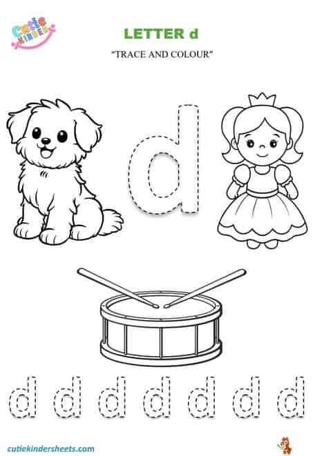 Small Letter d Tracing Colour Kids Worksheet