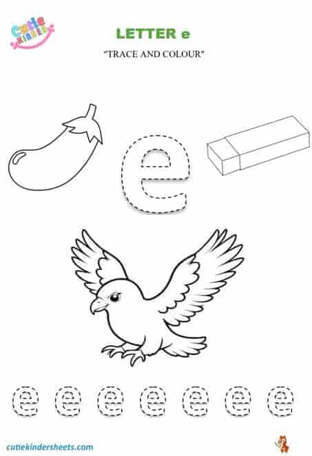 Small Letter e Tracing Colour Kids Worksheet
