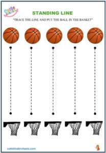 Standing Line Basketball to Basket Tracing Kids Worksheet