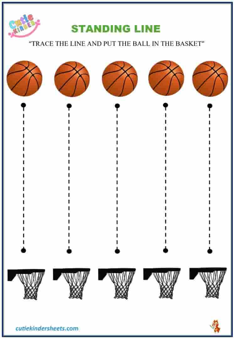 Standing Line Basketball to Basket Tracing Kids Worksheet