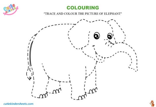 Tracing And Colouring Elephant Kids Worksheet