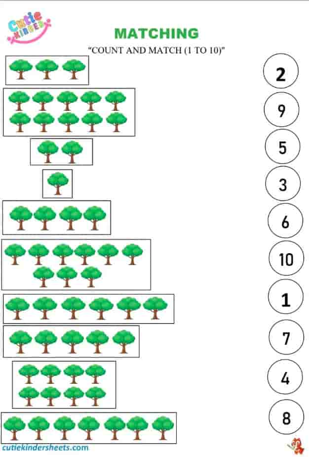 Tree Count Numbers One to Ten Matching Kids Worksheet