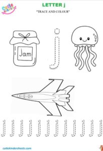 Small Letter J Tracing Colouring Kids Worksheet