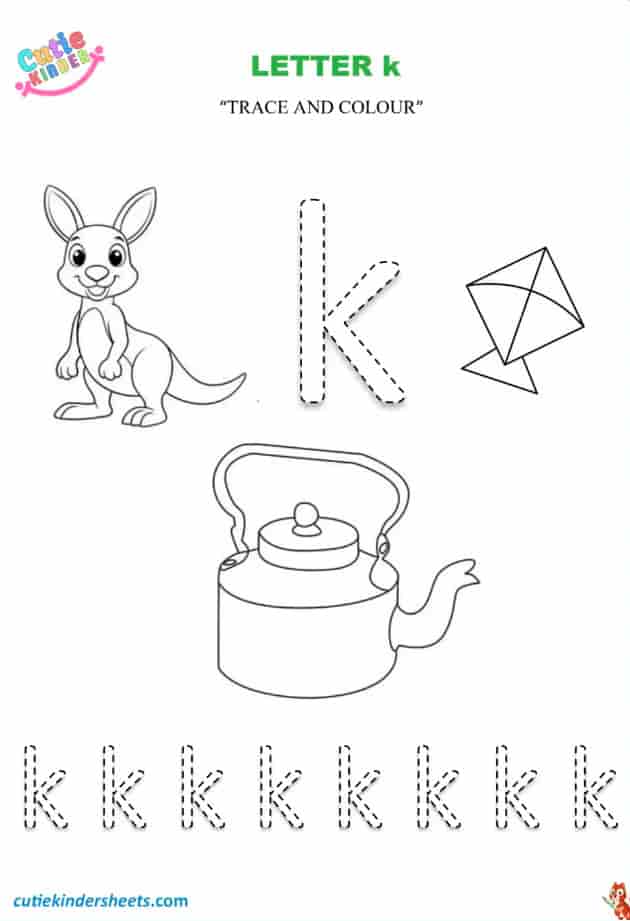 Small Letter K Tracing Colouring Kids Worksheet