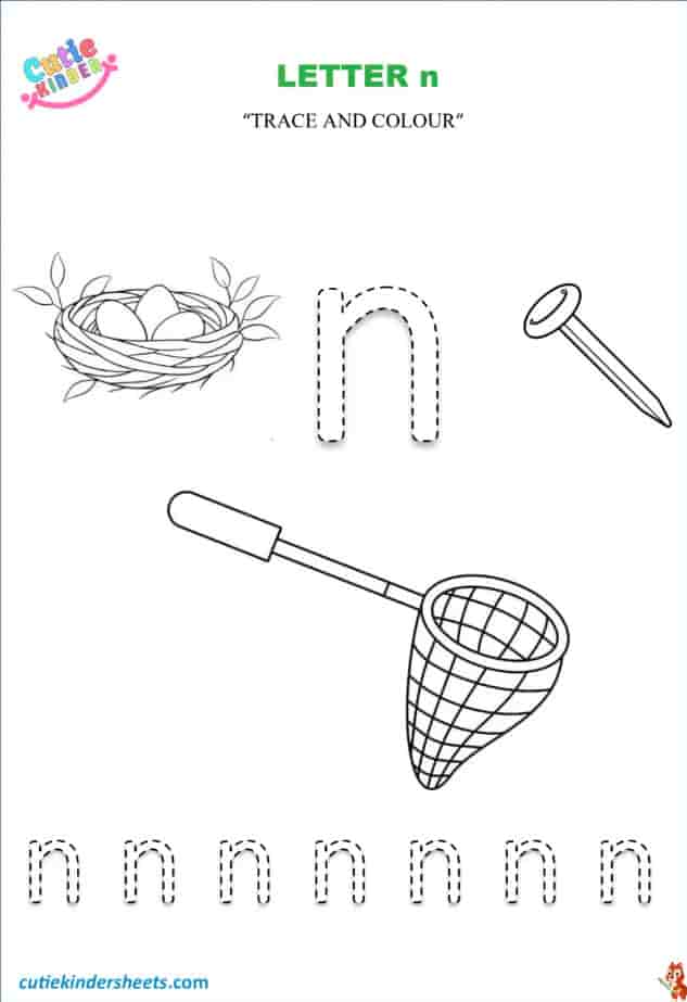Small Letter N Tracing Colouring Kids Worksheet