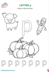 Small Letter p Tracing Colouring Kids Worksheet