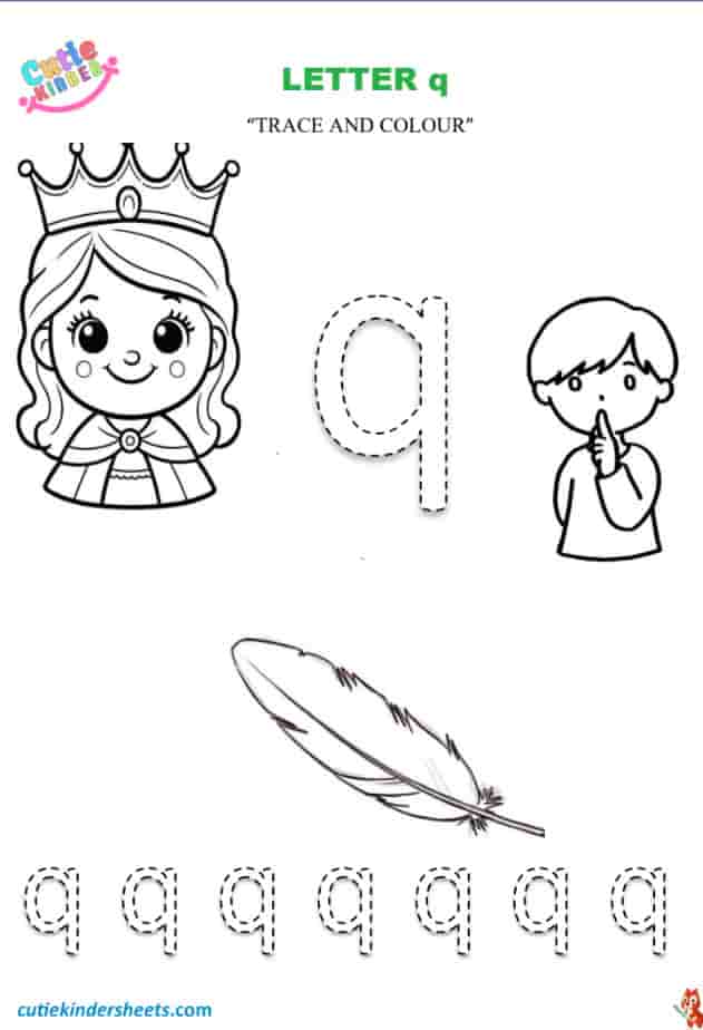 Small Letter q Tracing Colouring Kids Worksheet