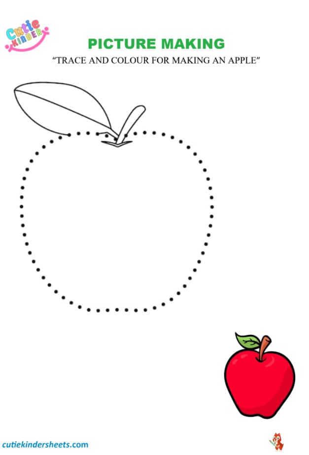 Trace Colour Picture Making Apple Kids Worksheet