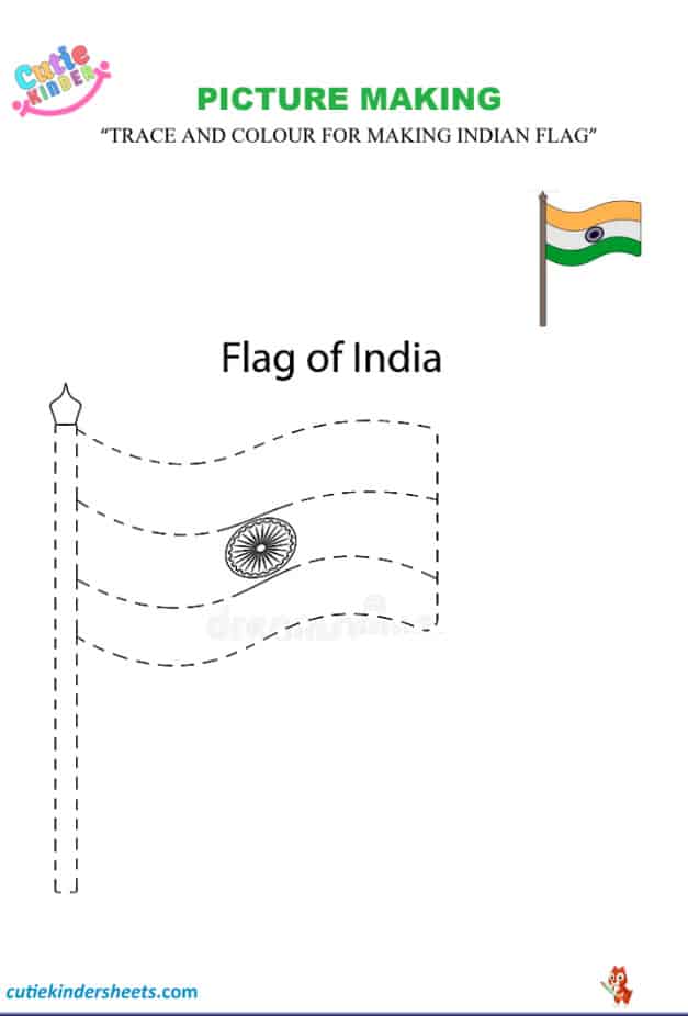 Trace Colour Picture Making Flag Kids Worksheet