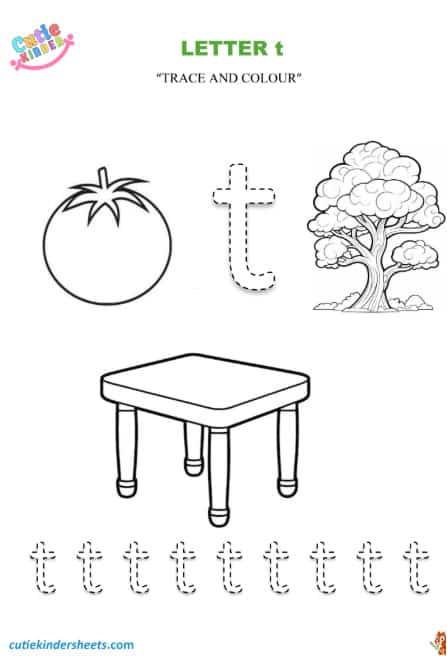Small Letter t Tracing Colouring Kids Worksheet