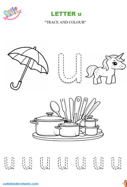 Small Letter u Tracing Colouring Kids Worksheet