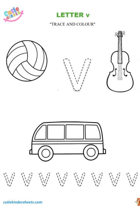 Small Letter v Tracing Colouring Kids Worksheet