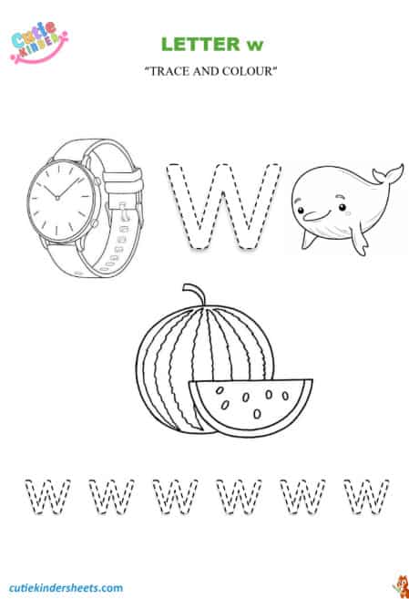 Small Letter w Tracing Colouring Kids Worksheet