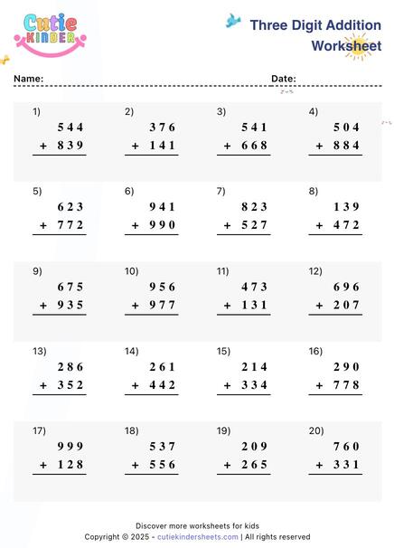 3 Digit Addition Worksheet